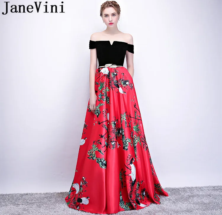 JaneVini Chinese Style Yellow Evening Dresses Long Floral Satin Formal Party Gowns Gold Sash Off Shoulder Pocket Dress Jurk Lang