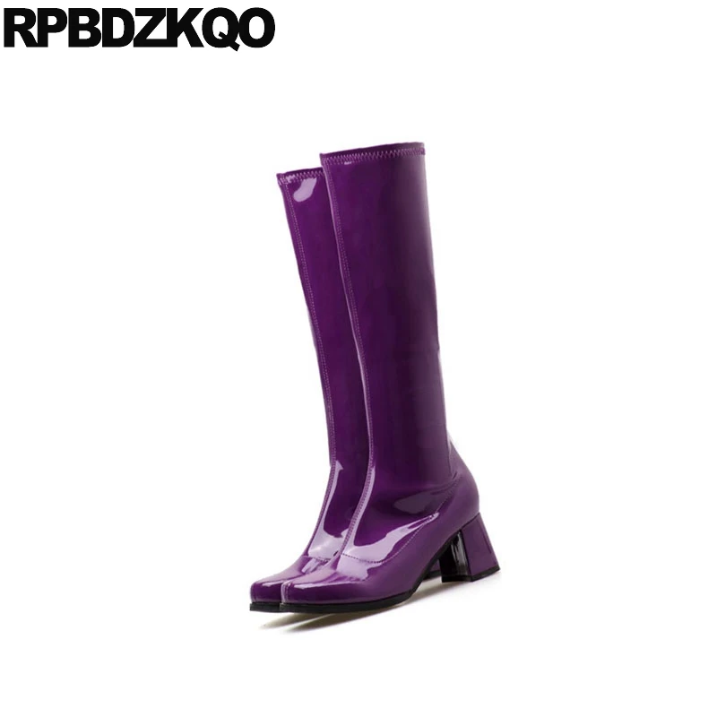 Herbst Frauen purpurrot Stiefel Kalb Wasserdichte Lila blau Patent Runde Leder Heel Knie Winter Fell Lange Chunky Trend Kappe Schuhe Breite High Schwarzes Damen Zf6pBZqr