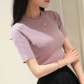 

Korean women bright silk short sleeve sweater sleeve head short slim shirt sweater female 2017 new spring and summer