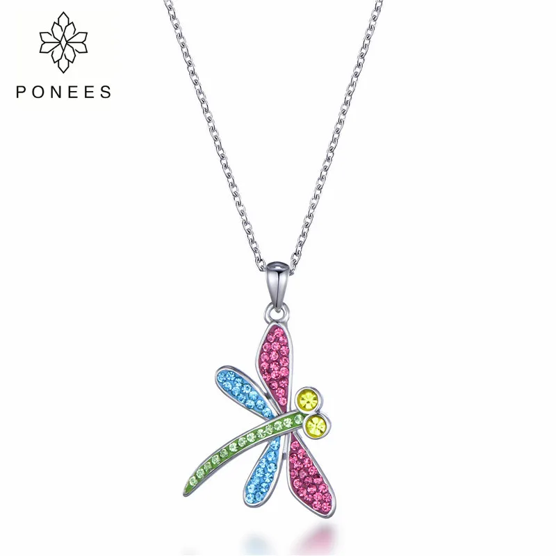 

PONEES New Fashion Dragonfly Statement Necklaces Pendant With Colorful Crystals Necklace For Women Accessories Wholesale Jewelry