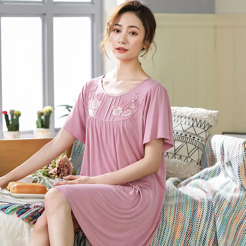 

women nightgown cotton modal sleepshirt pure colour sleep clothing short sleeved sleepwear female pyjamas ladies lace nightdress