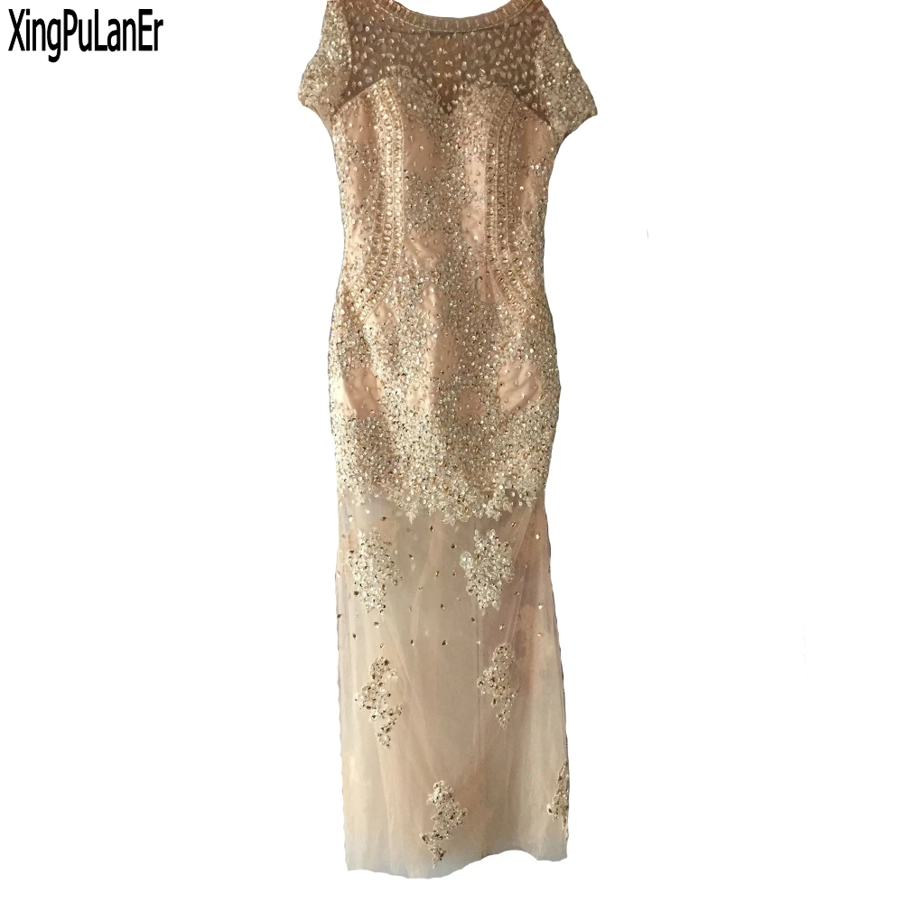 

Luxury Sparkly Sequins Short Cap Sleeve Sparkly Prom Dresses 2017 Sexy See Through Cheap Champagne Color Formal Party Dress Gala