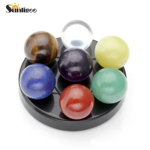 Sunligoo Чакра Исцеление семь звезд Группа натуральный аметист чакра Кристалл шар и черный обсидиан стенд рейки энергетические камни - изображение