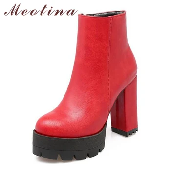 

Meotina Winter Ankle Boots Women High Heel Motorcycle Boots Platform Boots Round Toe Block Heel Short Boots Female Shoes Black