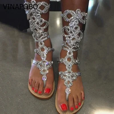 

Handmade Factory Price Rhinestone Lady Knee High Gladiator Boots Summer Designed Crystal Flats Sandal Boots Shoes Open Toe Shoes