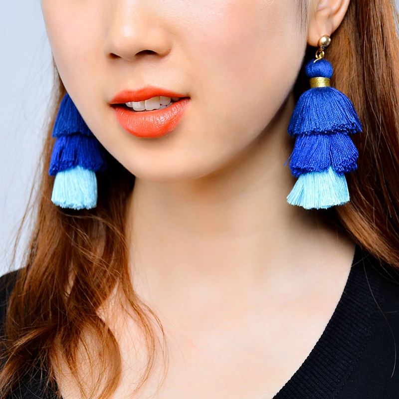 

LINSOIR 2019 Bohemian Long Silk Tassel Drop Earrings Boho Multilayer Blue Red Pink Tassel Earrings For Women Orecchini Etnici