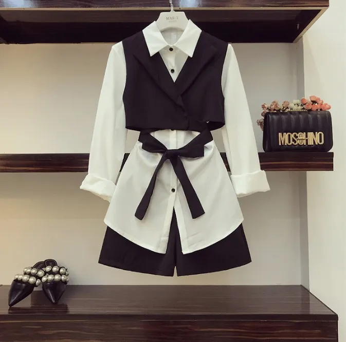 

2019 Spring And Autumn Women's Long Sleeve White Shirt + Bow Tie Small Vest + High Waist Shorts 3 Pieces Set Ladies Shorts Set