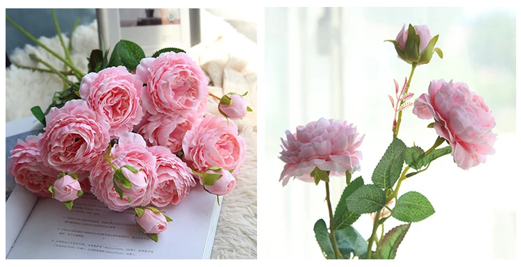 3 головки Искусственный Розовый цветок пиона ветка с листьями шелк Флорес пионы для домашнего декора стола Diy Свадебные украшения