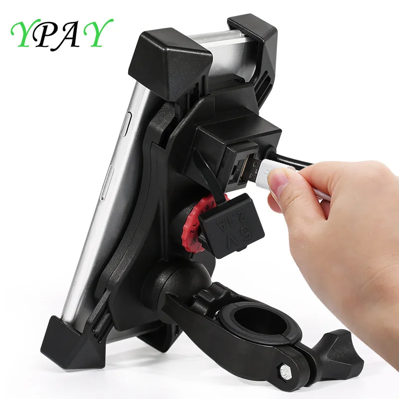 

YPAY Auto Lock 360 Rotation Cell Motorcycle handlebar Phone Holder stand With USB Charger Universal bike rearview Bracket Mount