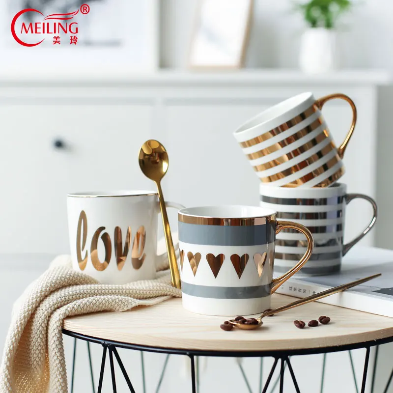 

Personalized Girl Mug Gold & Silver Plated LOVE Stripes Ceramic Coffee Cup Creative Gift for Women Mom Boss Drink Ware Nordic