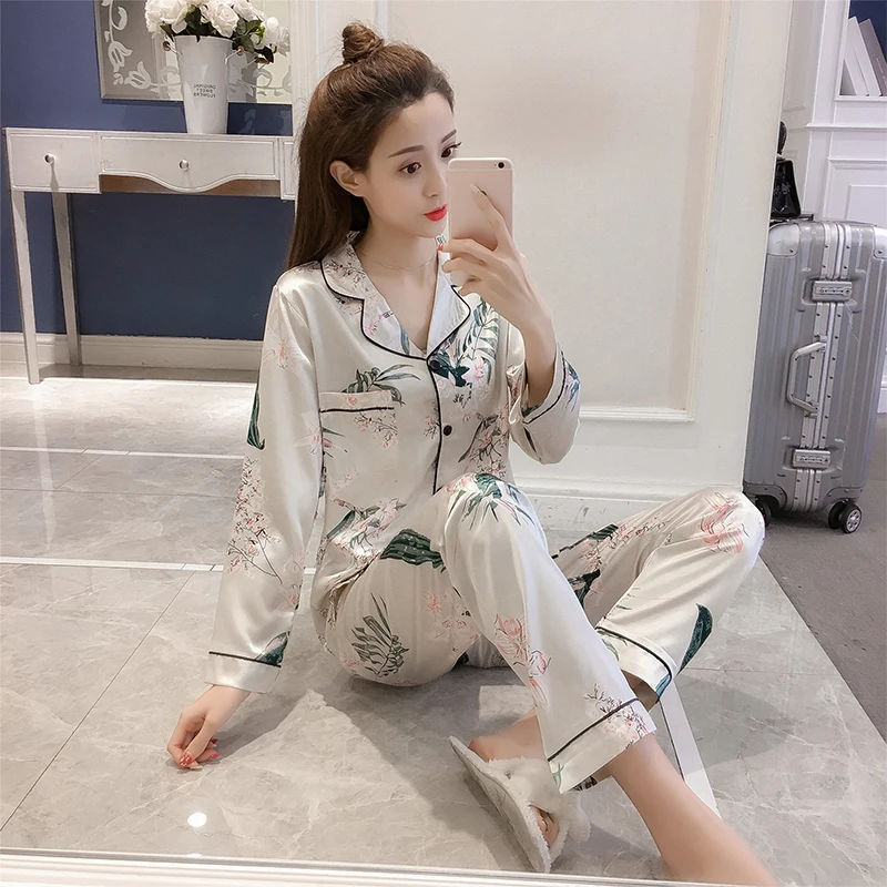 

BZEL Long Sleeve Pajama Sets Floral Sleepwear Satin Pijama Mujer Underwear Turn-down Collar Pyjamas Big Yard M-5XL At All Season