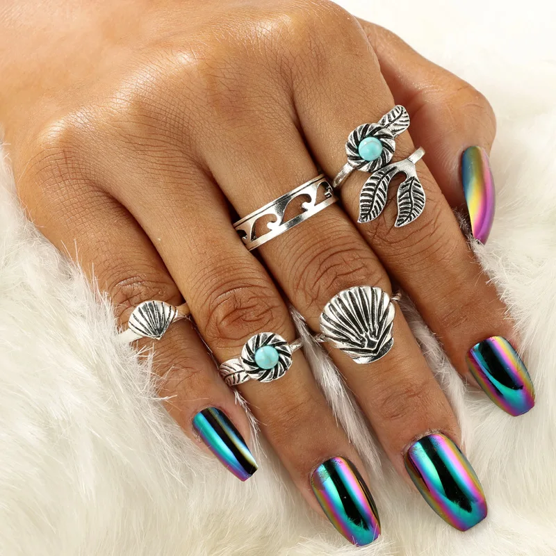 5 pieces/set Vintage Shell Shark Midi Rings Set For Women Blue Stone Tibetan Animal Carved Boho Ring Jewelry Knuckle Rings 5 pieces/set Vintage Shell Shark Midi Rings Set For Women Blue Stone Tibetan Animal Carved Boho Ring Jewelry Knuckle Rings