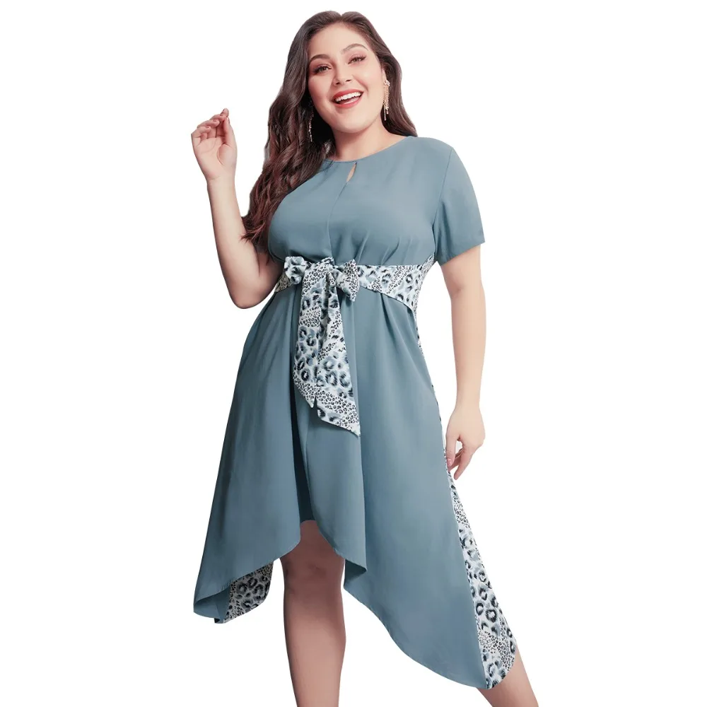 Large Size Women Dress Round Collar Received Waist Chiffon Dress Leopard Printed Big Swing Dress Blue Plus Size Dresses For Wome