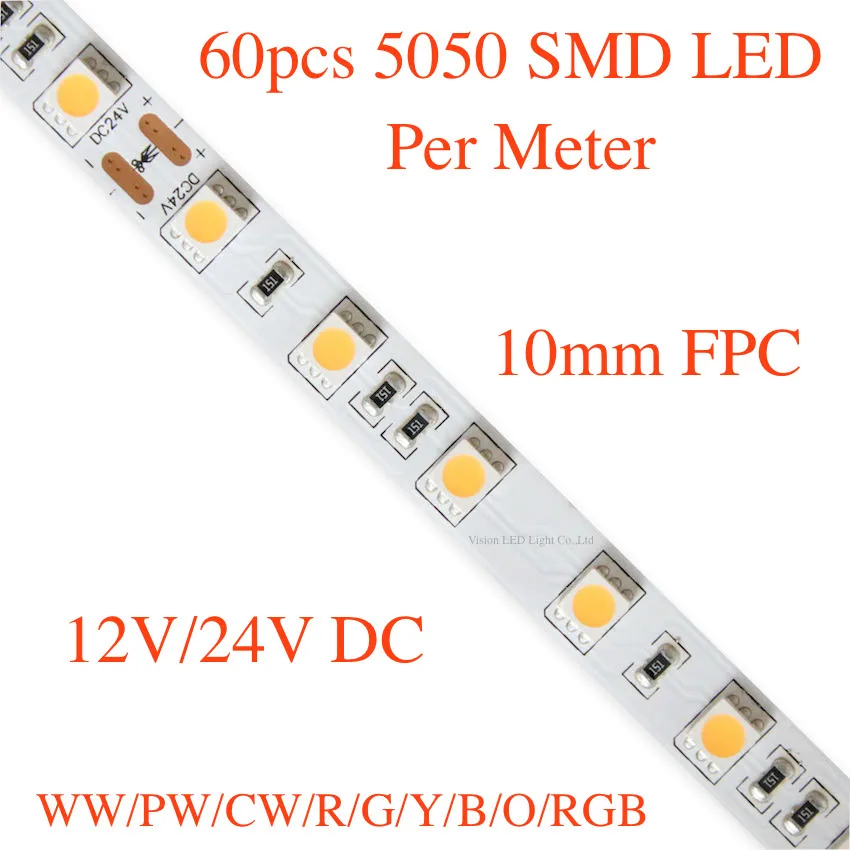 

5m a roll/ a lot, rgb or white color led flexible strip light, 60pcs 5050 led per meter,10mm FPC