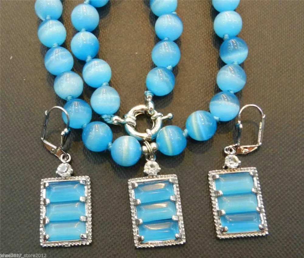 

Hot sale new Style >>>>>Beautiful Blue Mexican Opal Round Beads Gems Pendant Necklace Earring Set 18
