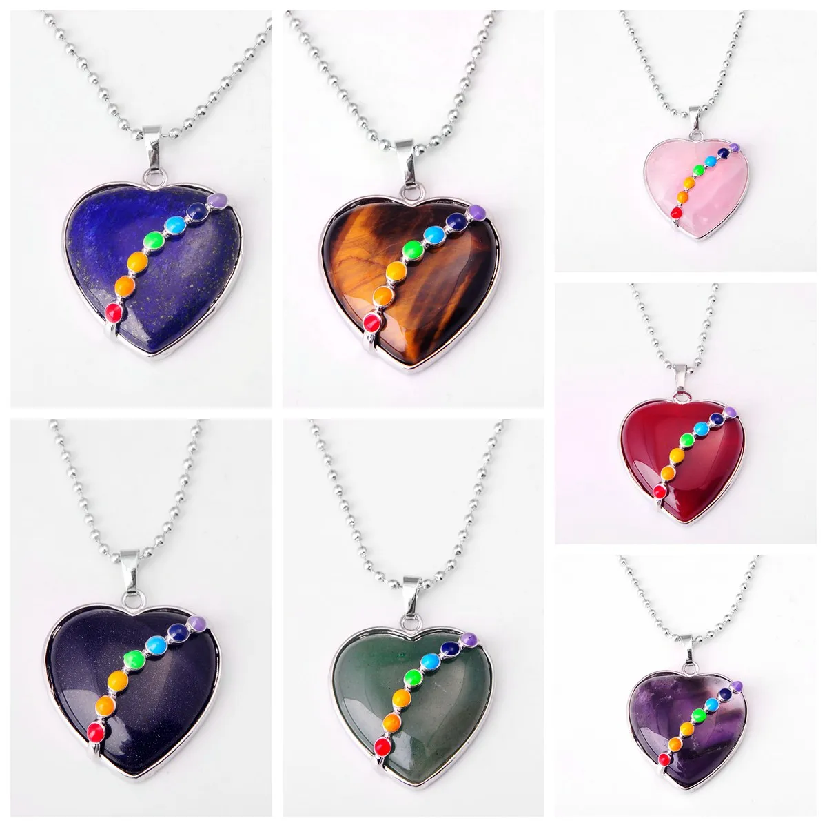 

ASHMITA 2019 Malachite Heart Cabochon with 7 Chakra Stone Pendant Necklace
