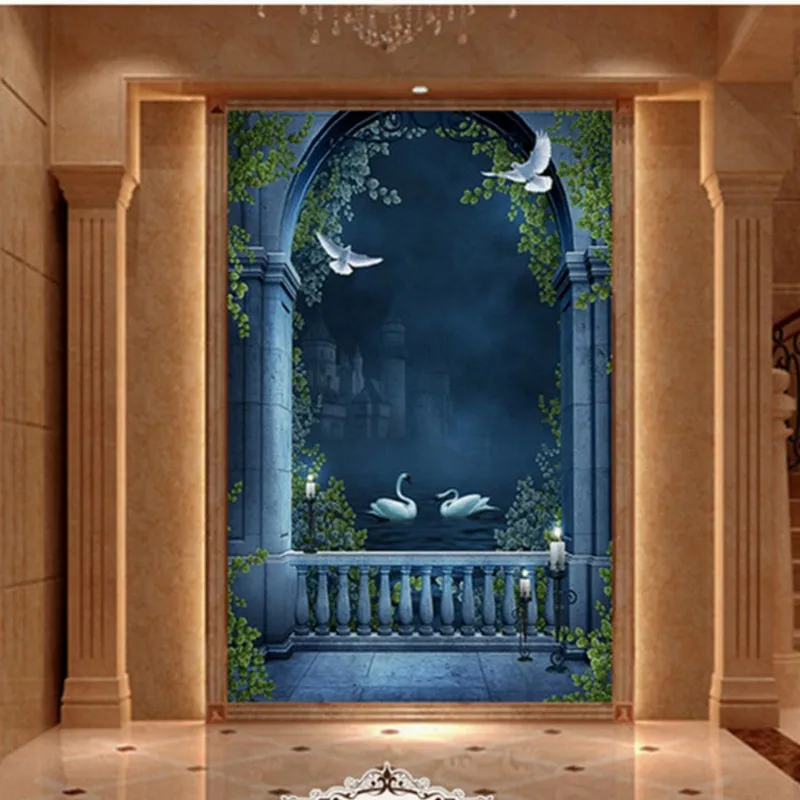 

Custom photo wallpaper Castle Swan beautiful night view Custom wallpaper mural hotel corridor background decorative