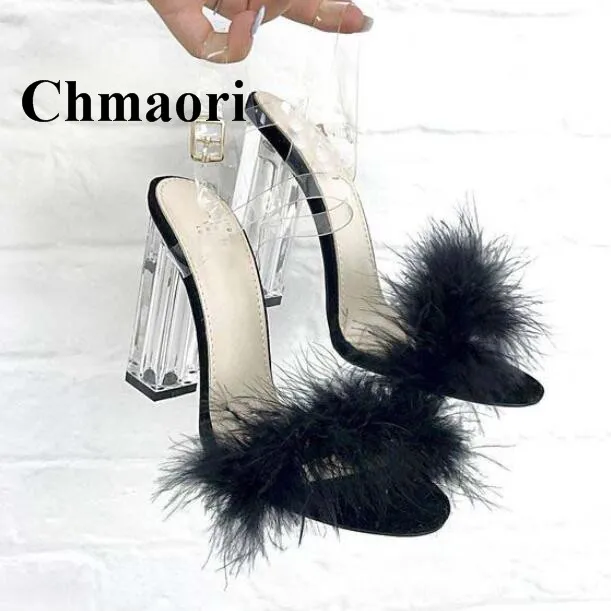 

Hottest PCV Crystal Heel Rabbit Hair Square Heel Fashion Sandals Summer Fashion High Heel Women Sandals