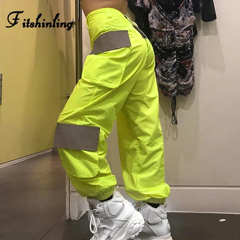 

Fitshinling Reflective patchwork cargo pants women clothes streetwear pockets trouders female neon fluorescence green joggers