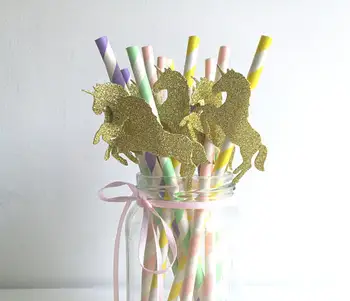 

glitter Gold Unicorns on Mint Paper Straws wedding, engagement, birthday, baby shower, tea party straw