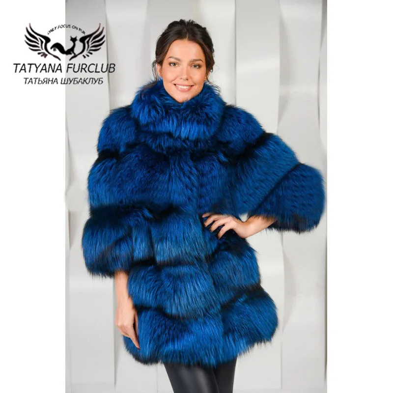 

Tatyana furclub 2018 New Luxury Fashion Whole Skin Real Silver Fox Fur Coat,Blue Length 75cm Warm Winter Thick Real Fur Coat