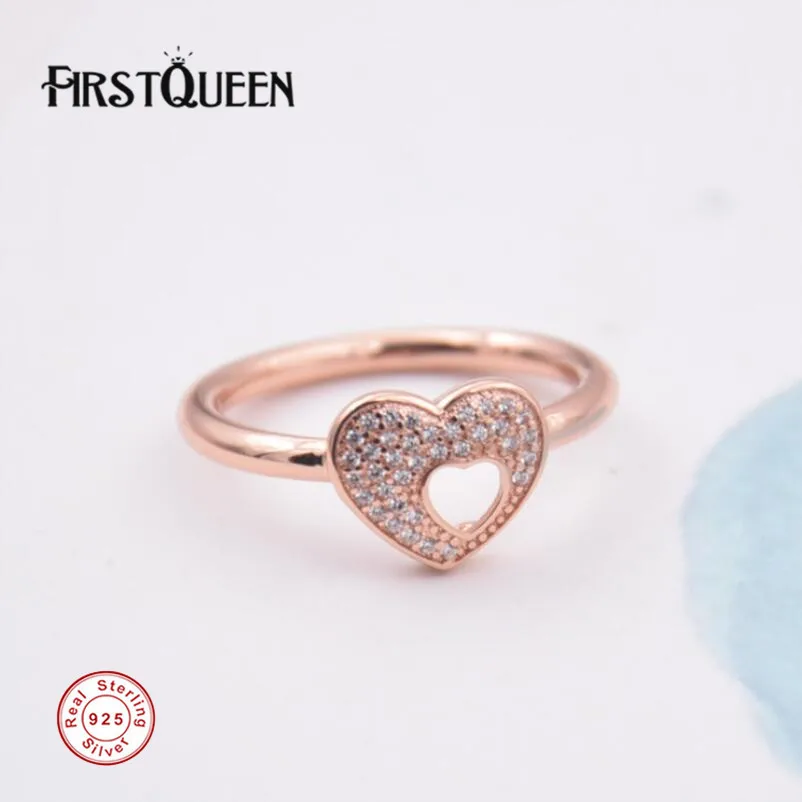 

FirstQueen 100% 925 Silver Rose Gold Shimmering Puzzle Heart Frame Ring plata 925 Rings For Women anillos Fine Jewelry