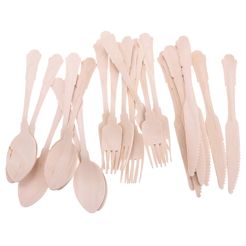 24pcs Disposable Wooden Cutlery Set Wooden Spoons Forks Knife for Weddings Party Events Dinner BBQ Supplies
