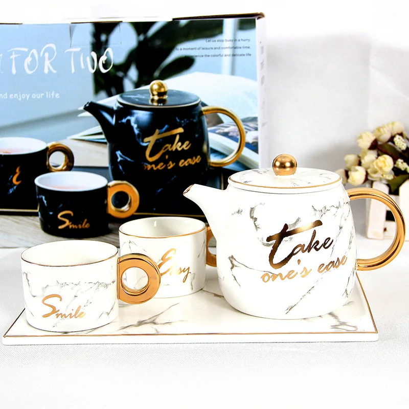 

New gold-plated English marble ceramic cup pot set creative coffee cup set high-end home water cutlery set friend gift