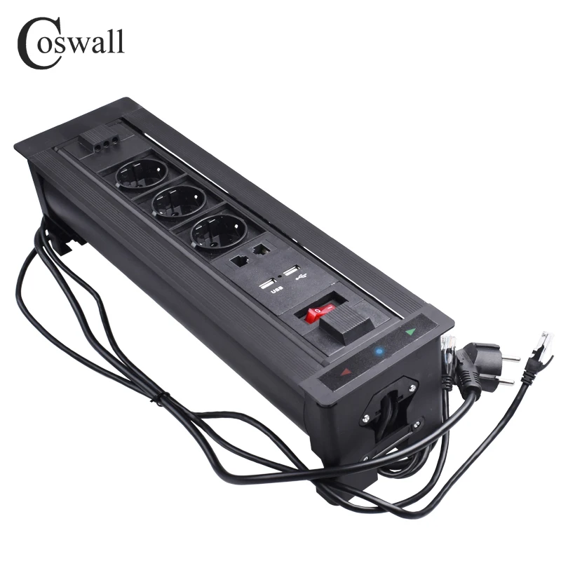 COSWALL mate negro toma eléctrica 180 grados volteo 3 toma de la UE cargador USB Dual inteligente o