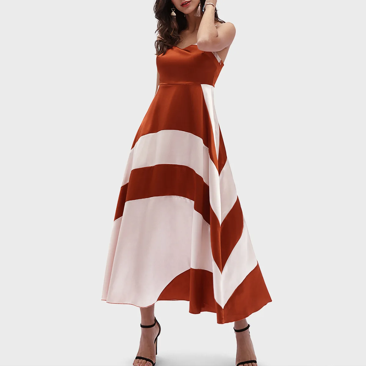 

Women stripes splicing spaghetti strap sleeveless v-hem big swing maxi dress party club vintage dresses