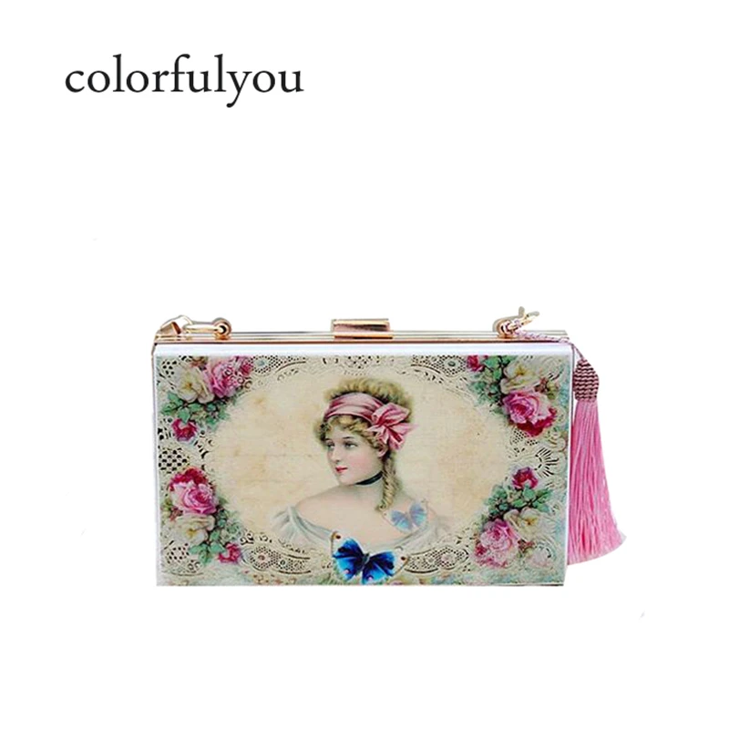 Vintage print Acrylic Clutch Bag Retro angel pattern Box Evening Bags Party Women Shoulder Crossbody Chain tassel Purse Handbags Vintage print Acrylic Clutch Bag Retro angel pattern Box Evening Bags Party Women Shoulder Crossbody Chain tassel Purse Handbags