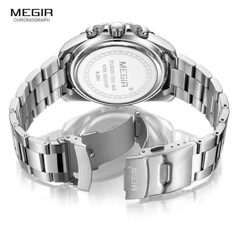 MEGIR Men's Stainless Steel Waterproof Chronograph Watch with Luminous Green Dial