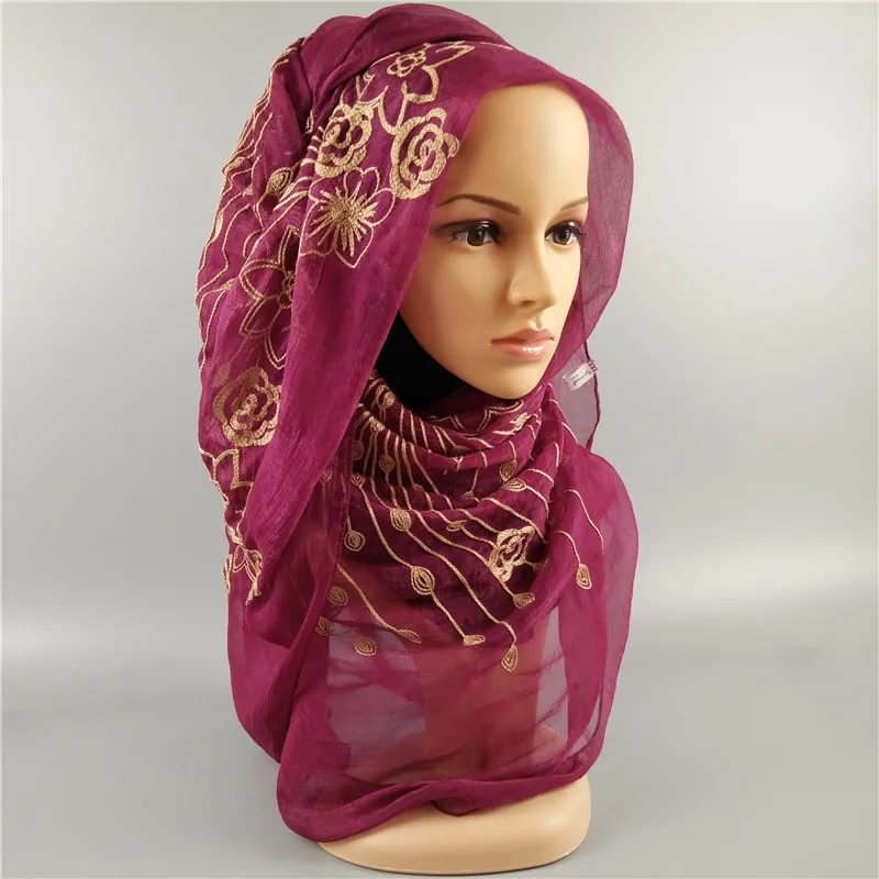 High Quality Nice brocade silk embroidery plain scarf flower muslim