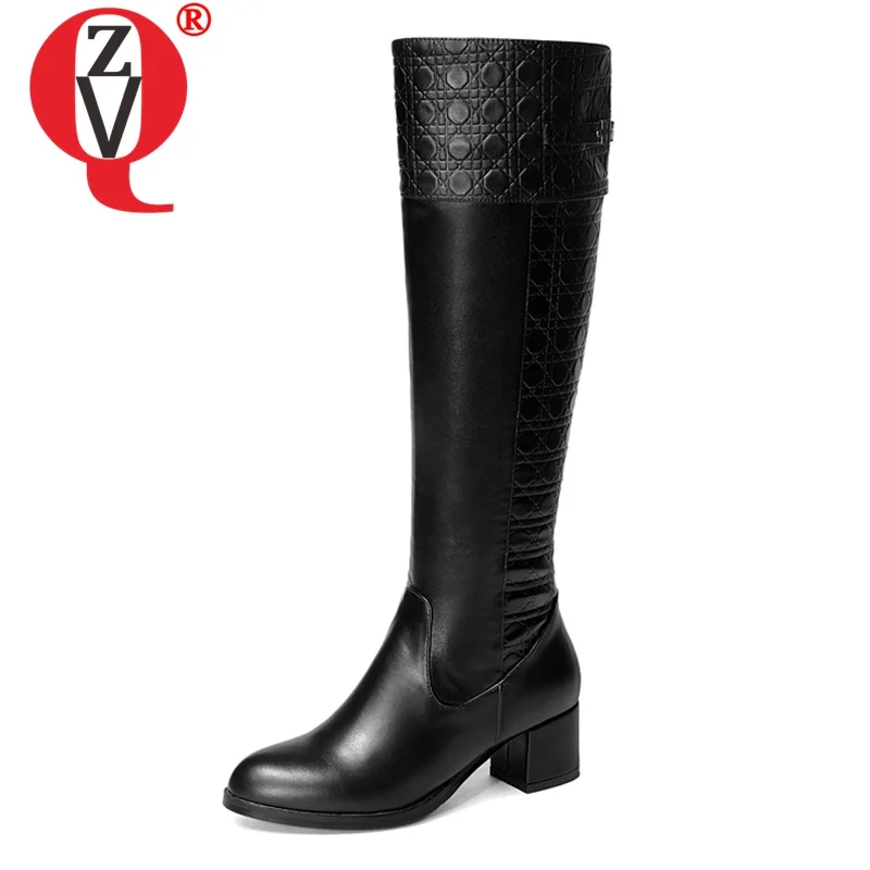 

ZVQ 2019 woman shoes winter new concise casual genuine leather knee high boots outside comfortable round toe side zip shoes