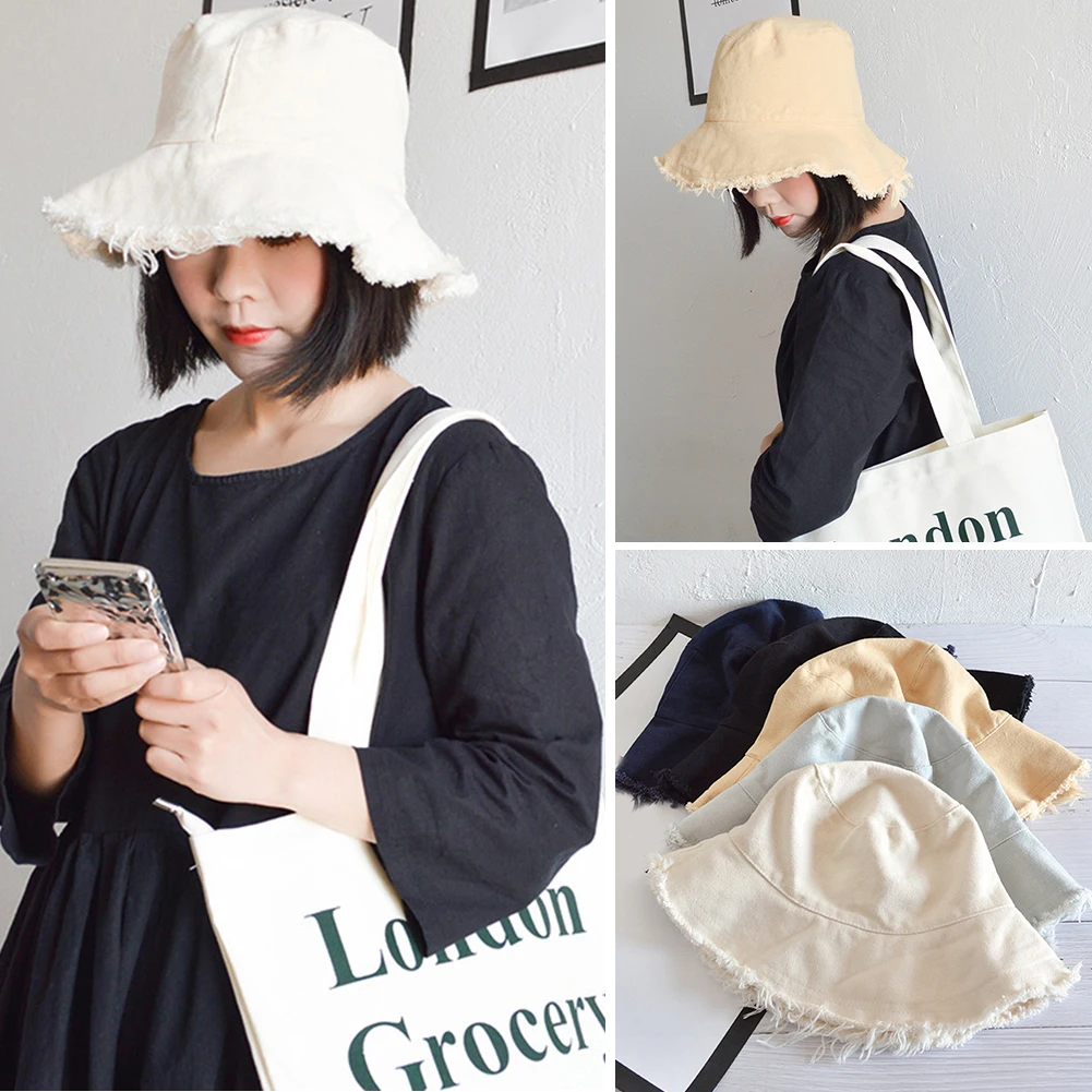 

Women Foldable Fisherman Bucket Hat Vintage Solid Summer Cotton Edge Fishing Fisherman Cap Harajuku Girls Washable Visor Hats