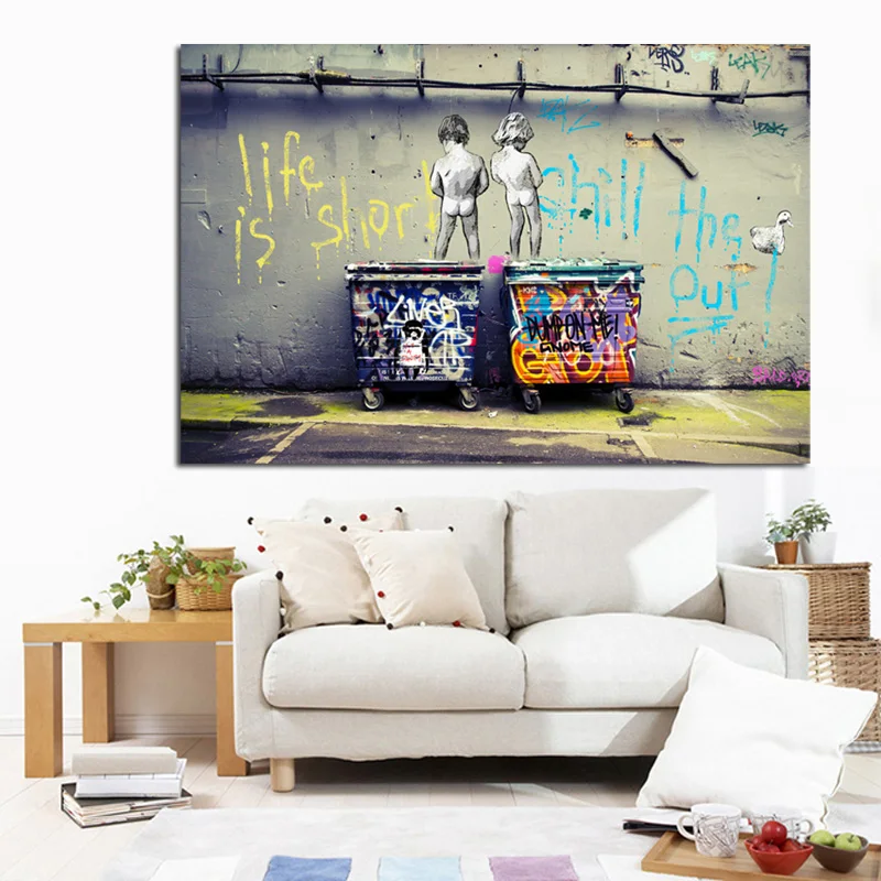 Big Size Banksy Art Graffiti Life is Short Chill the Duck out Canvas Two Nude Kid HD Print Painting Wall Art Home Cuadros Decor
