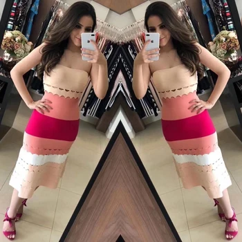 

Summer Women Bandage Dress 2018 New Fashion Pink Patchwork Off The Shoulder Sleeveless Elegant Club Party Dres Vestido Wholesale