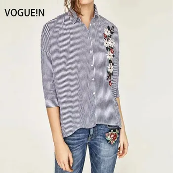 

VOGUE!N New Womens Ladies Spring Embroidery Floral Blue White Striped 3/4 Sleeve Shirt Casual Blouse Tops