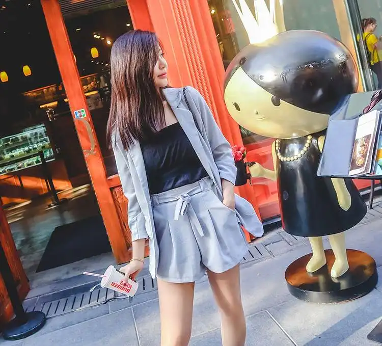 2018 Spring Summer South Korean Loose Cotton And Linen Lace Suit Waist Fashion Shorts Pant Two Pcs Suits Light Grey Femmes