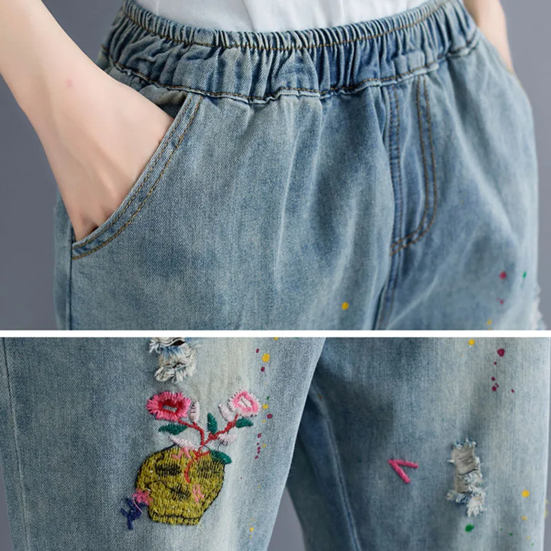 Рваные Джинсы бойфренда с цветочной вышивкой, женские летние ретро уличные свободные Капри, джинсовые штаны-шаровары для женщин