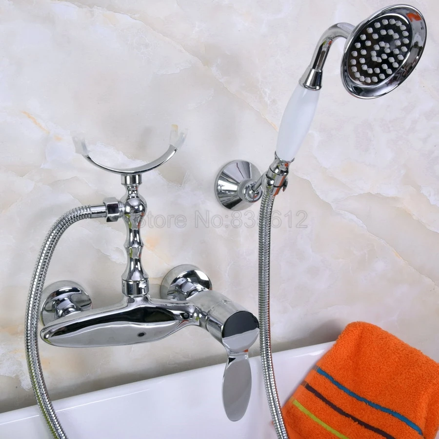 

Polished Chrome Wall Mounted Bath Faucets Bathroom Basin Mixer Tap With Hand Shower Head Shower Faucet Sets tna259