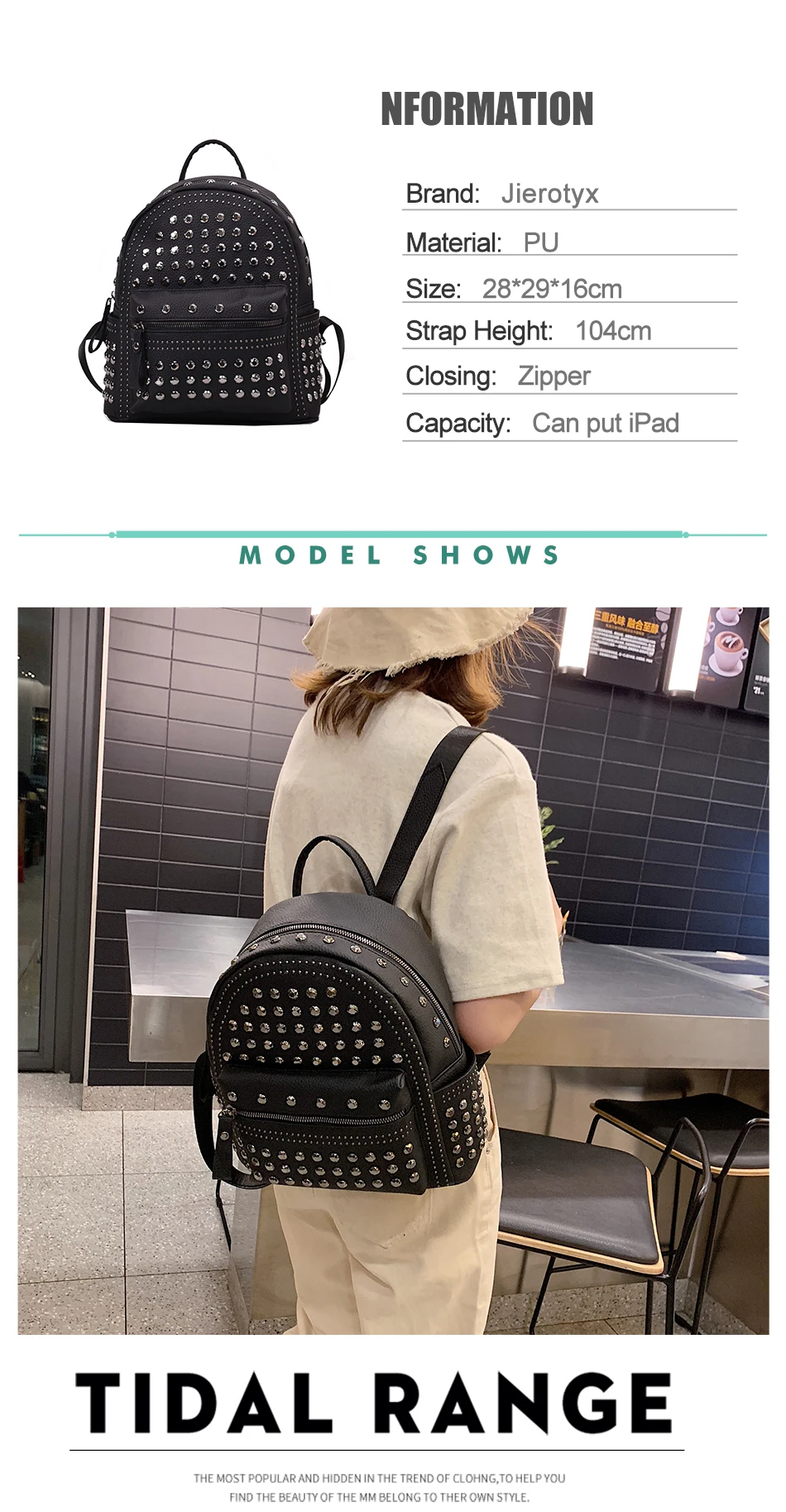 JIEROTYX New Arrival Preppy Leisure Backpack Womens Casual Daypacks Women Soild Zipper Rivet Shoulder Bags Soild Hot Sale