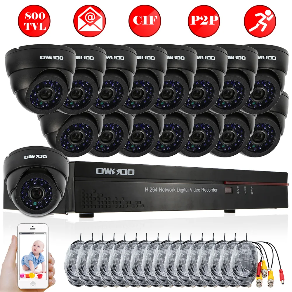 OWSOO 800TVL камера видеонаблюдения системы безопасности 16CH Full CIF DVR цифровой видеорегистратор HDMI 16 шт. PnP инфракрасный Doom IR CUT CCTV камера комплект