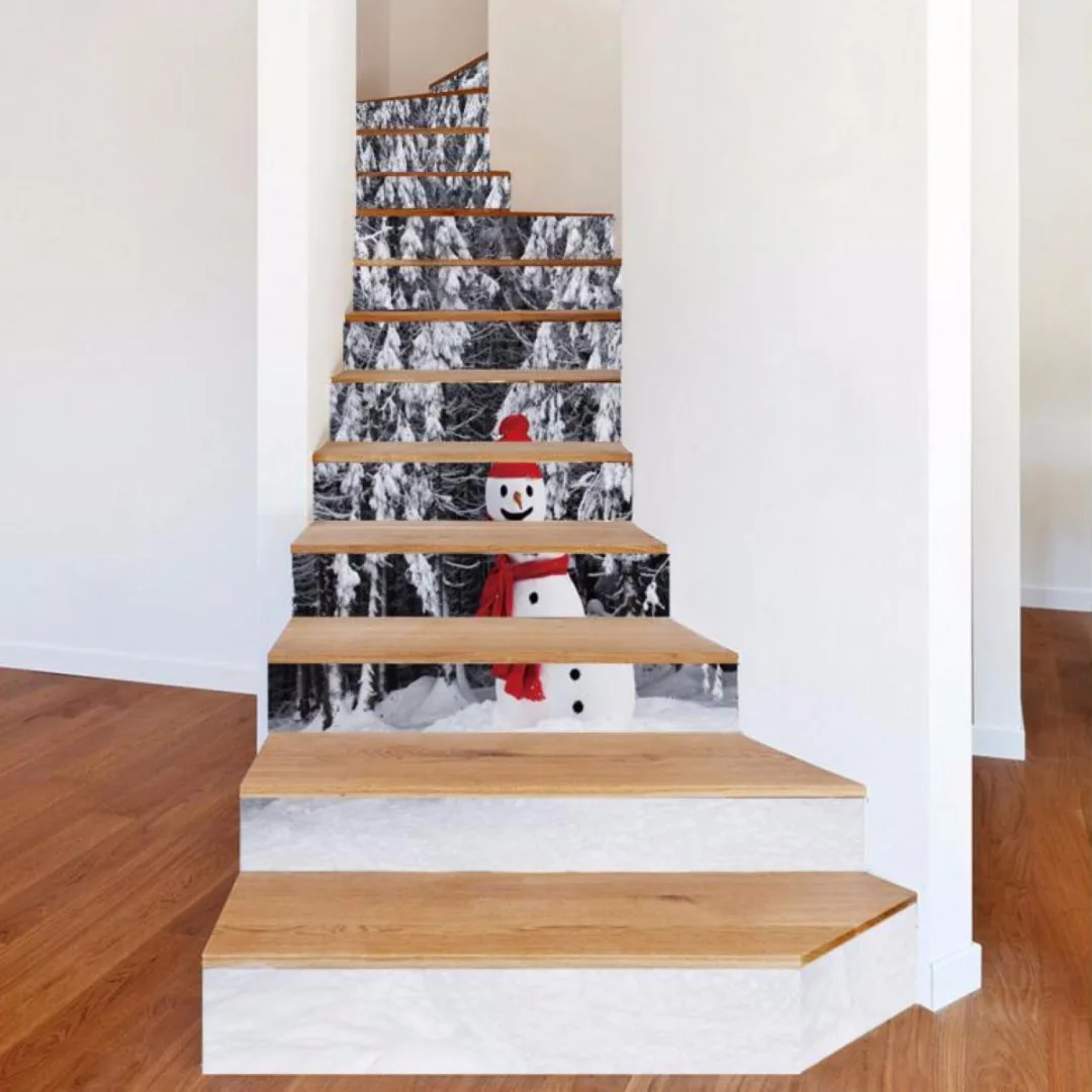 PVC 6 Pcs 3D Christmas Tree Snowman Self-adhesive Stair Stickers Xmas Home Decor