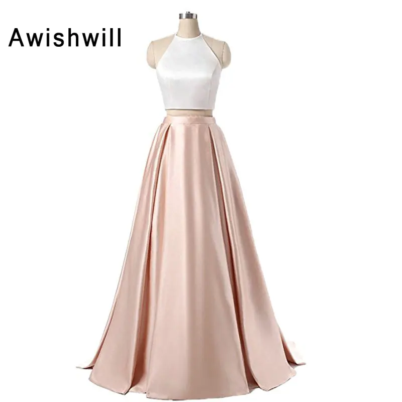 

Real Picture Halter Satin Floor Length Party Dress Two Pieces Sleeveless Chic Long Evening Dresses Pageant Gown Vestido Longo