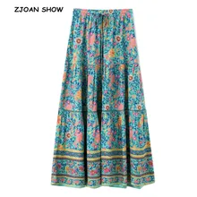 Женская широкая юбка, винтажная юбка зеленого цвета с цветочным принтом на завязках с кисточками на талии, юбка с кружевом и шитьем