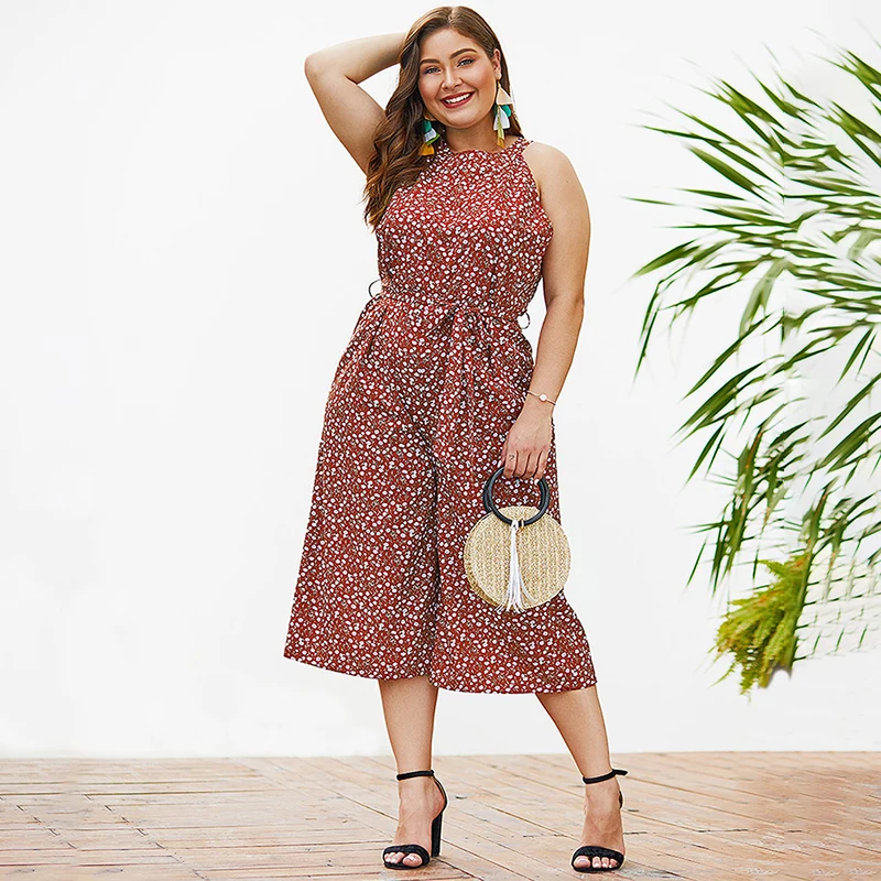 Women Red Plus Size 4XL Jumpsuits Off Shoulder Lace Up Ankle-Length Pants Lady Loose Floral Print Sleeveless Wide Leg Overalls Women Red Plus Size 4XL Jumpsuits Off Shoulder Lace Up Ankle-Length Pants Lady Loose Floral Print Sleeveless Wide Leg Overalls