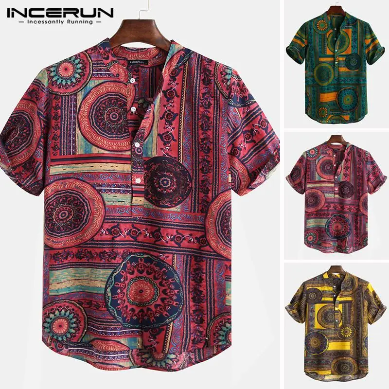 

INCERUN 2020 Summer Stand Collar Fresh Korean Casual Vintage Tops Button Short Sleeve Shirt Men Plaid New Fashion Camisas S-5XL
