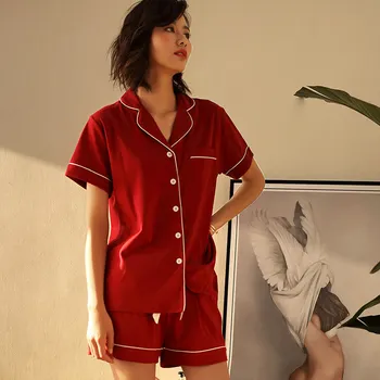 

Cotton Loose Pajama Mujer Set Short Sleeve Women Lingerie Short Pants Turn-down Collar Sleepwear Night Suit