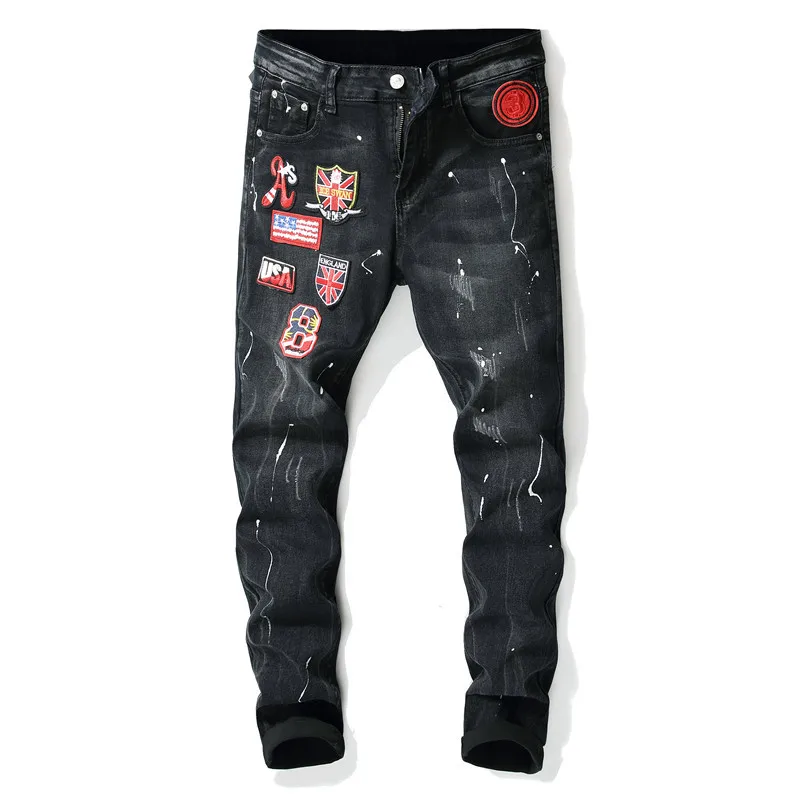 

Men's jeans new jeans male European and American badges splash ink jeans tide